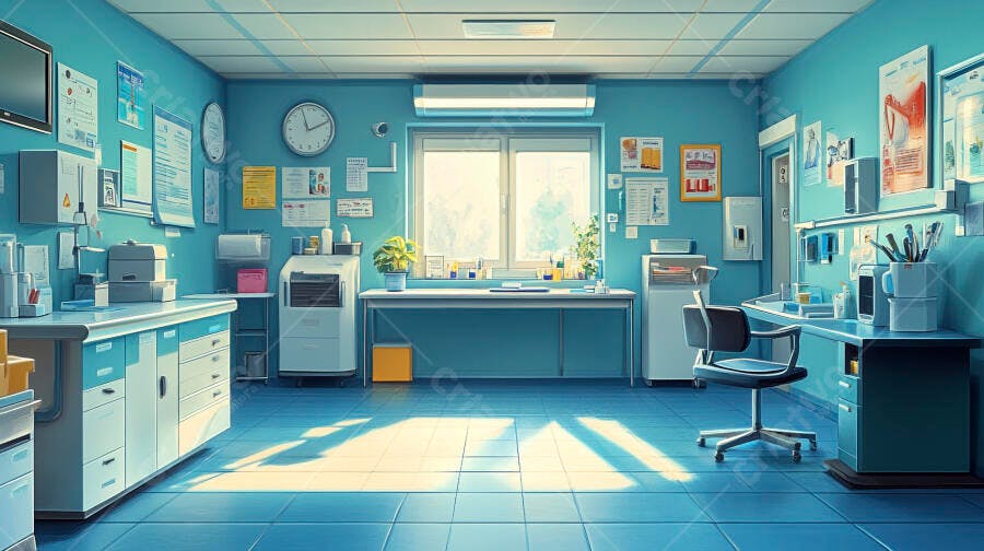 Laboratório médico moderno e clean com luz natural azul claro