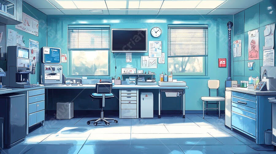 Sala de laboratório médica azul com equipamentos e janelas ensolaradas