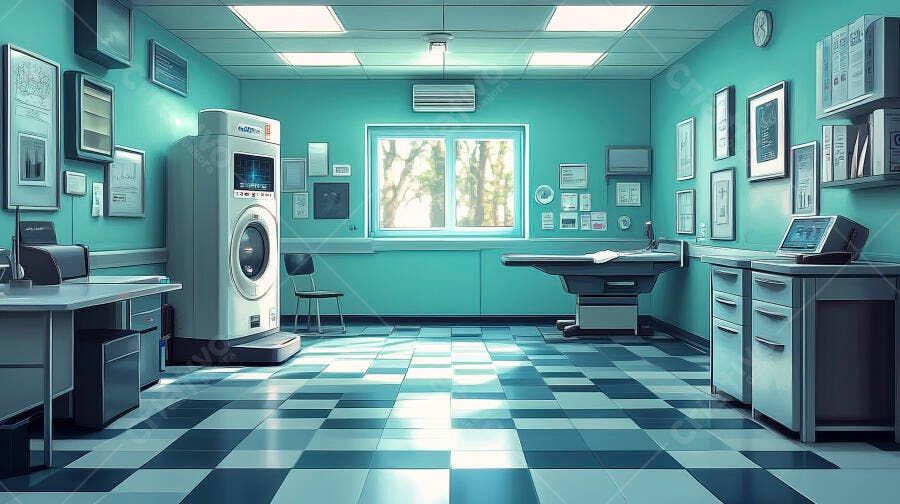 Sala de laboratório médico moderna com equipamentos de diagnóstico e luz natural