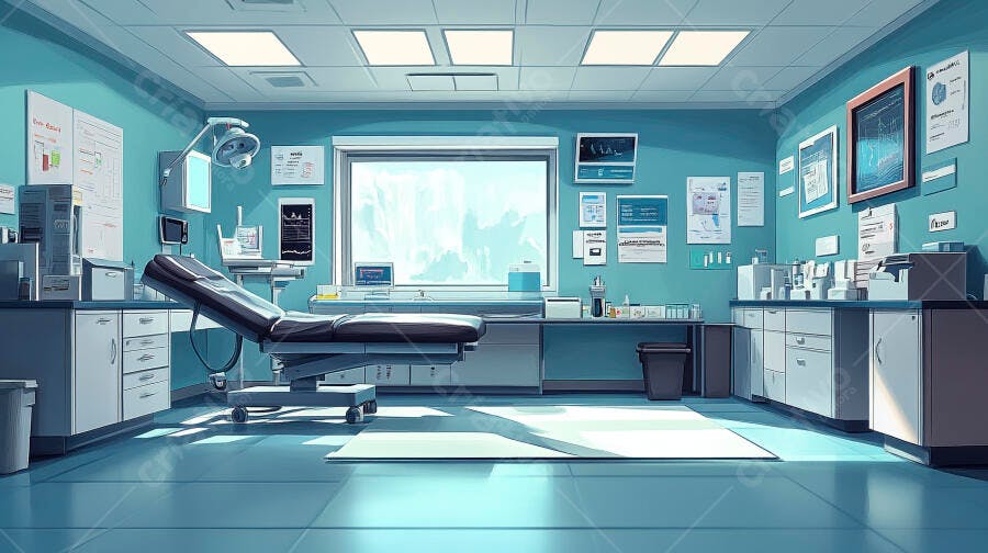 Sala de exame médico moderna e vazia com maca e equipamentos