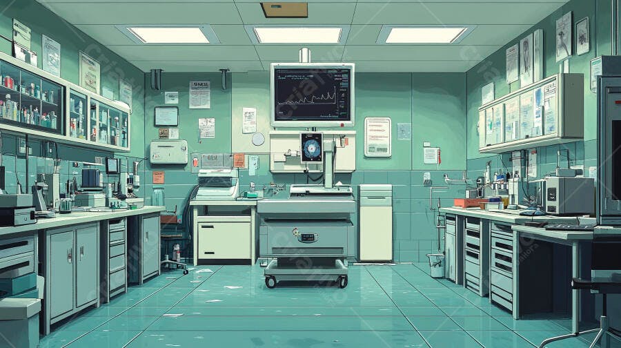 Laboratório científico moderno com equipamentos e monitores em tons de verde