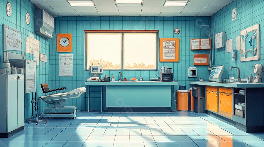 Sala médica moderna com azulejos azuis e equipamentos laranja vibrante