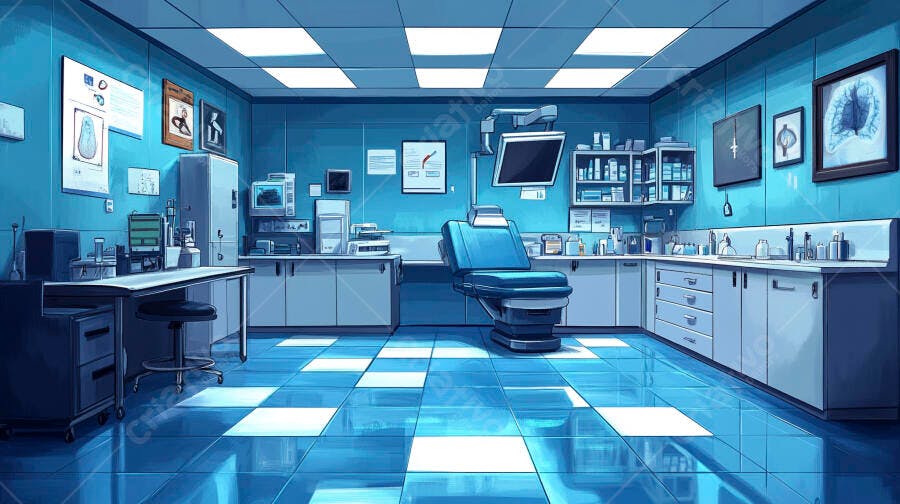 Consultório médico moderno azul e branco sala de exames estéril