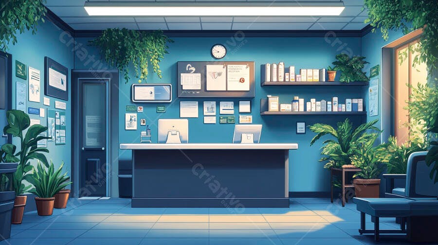 Recepção de clínica moderna com plantas e balcão de atendimento azul