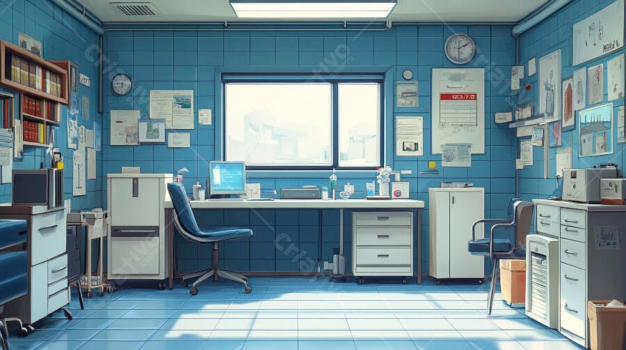 Consultório médico ou laboratório vazio moderno com azulejos azuis e mobiliário branco