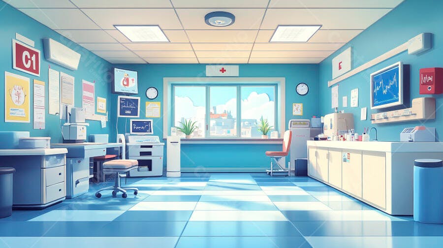 Sala de laboratório médico azul moderna com equipamentos e vista para a cidade