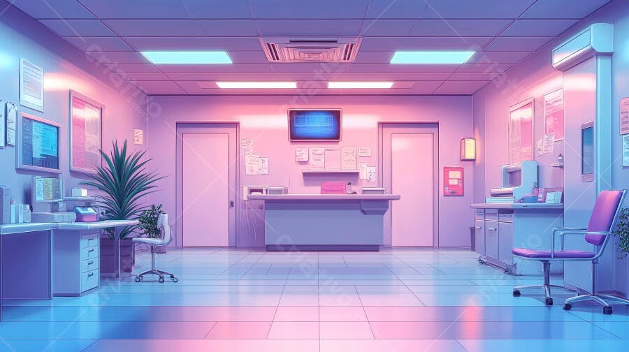 Recepção de clínica vazia com iluminação neon rosa e azul