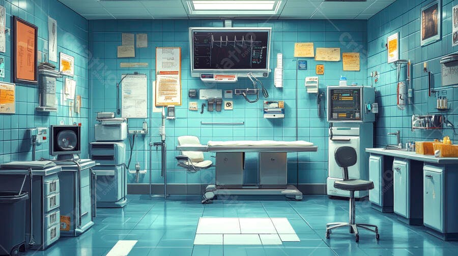 Sala de exames médicos equipada com tecnologia moderna em ambiente hospitalar azul