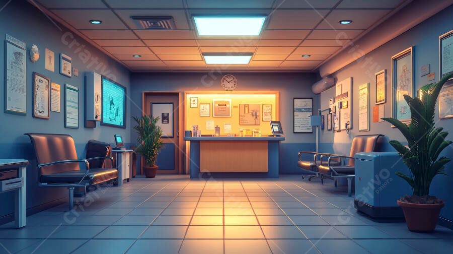 Sala de espera de consultório médico com recepção vazia cadeiras marrons e iluminação suave