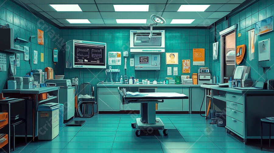 Sala de cirurgia vazia com equipamentos médicos modernos tom azul esverdeado