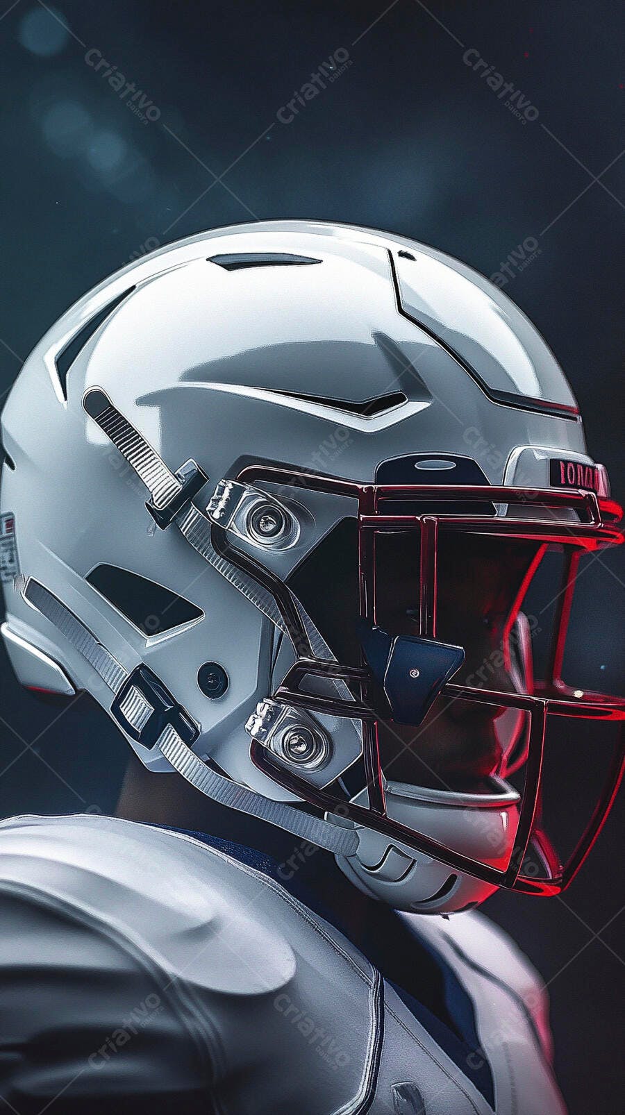 Capacete de futebol americano cinza com grade vermelha em estúdio escuro