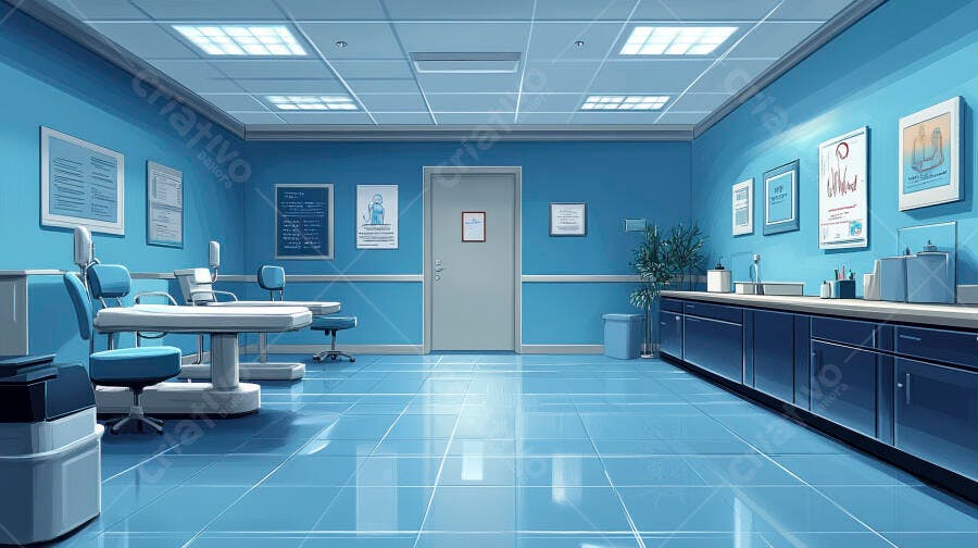 Consultório odontológico azul e branco com cadeiras de exame moderno