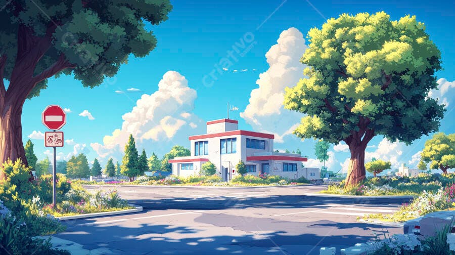 Cruzamento suburbano ensolarado com edifício branco e árvores verdes estilo anime