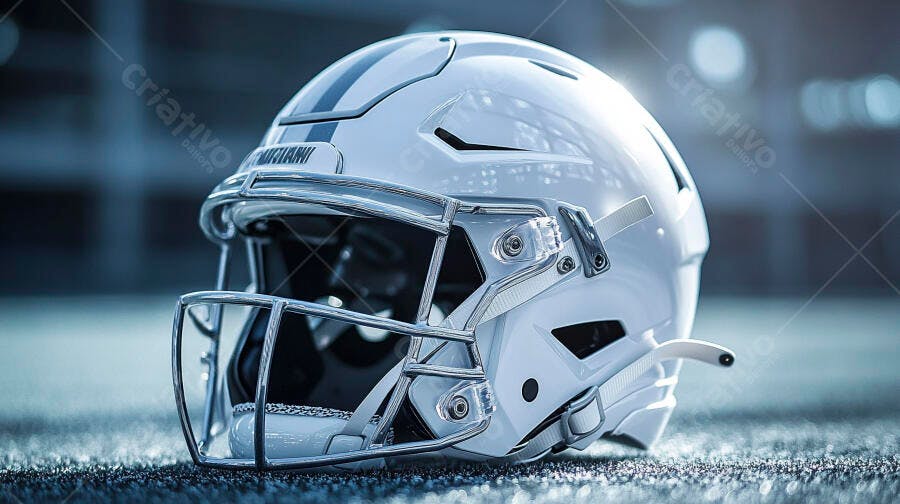 Capacete de futebol americano branco em campo de grama sintética