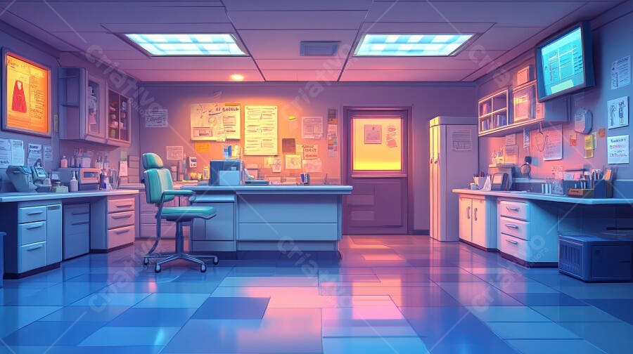 Laboratório moderno vazio com iluminação neon azul e rosa