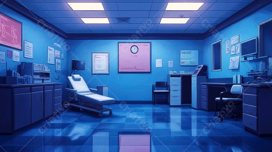 Sala de exame médico moderna azul vazia em clínica