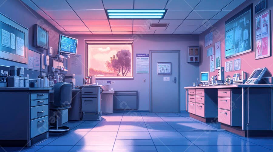 Laboratório clínico com luzes neon e pôr do sol vibrante pela janela