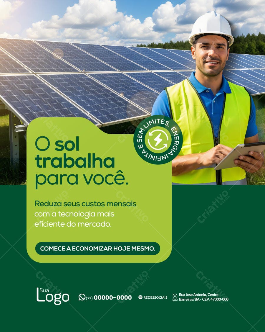 Flyer Painel Solar com Engenheiro e 'O Sol Trabalha para Você' PSD Editável