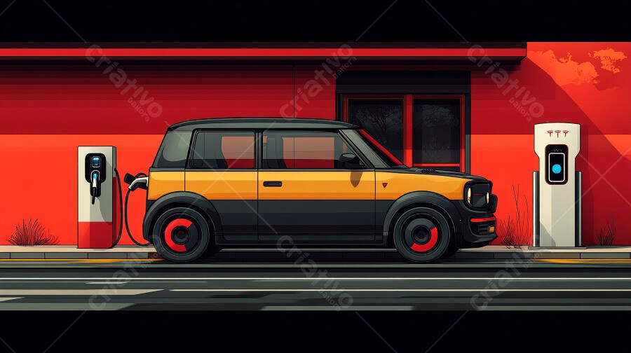Carro elétrico laranja e preto carregando em estação urbana