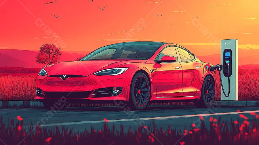 Tesla vermelho carregando em paisagem ao pôr do sol