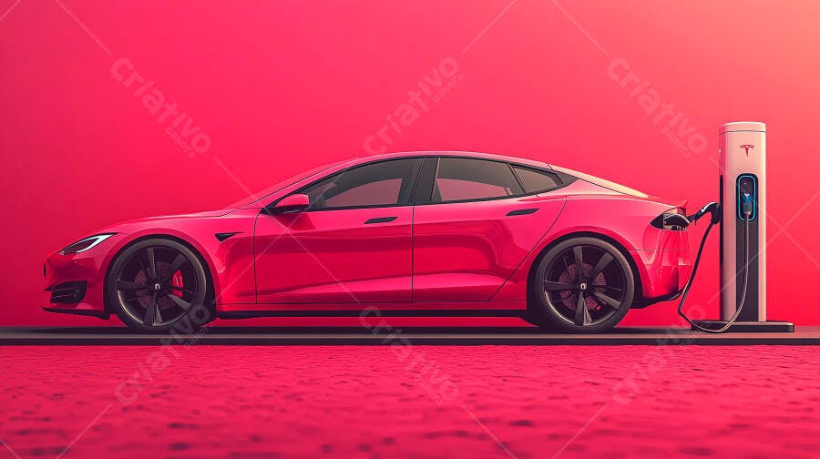 Carro elétrico Tesla rosa vibrante carregando em estação moderna