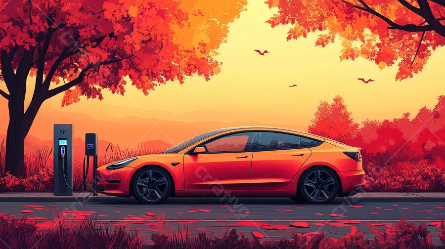 Carro elétrico laranja carregando em paisagem outonal avermelhada