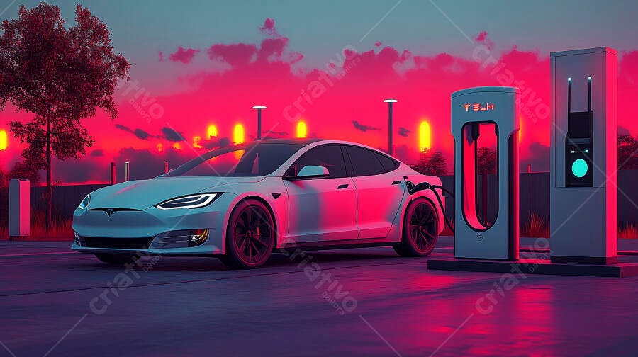 Carro elétrico Tesla branco carregando em estação futurista ao pôr do sol vibrante