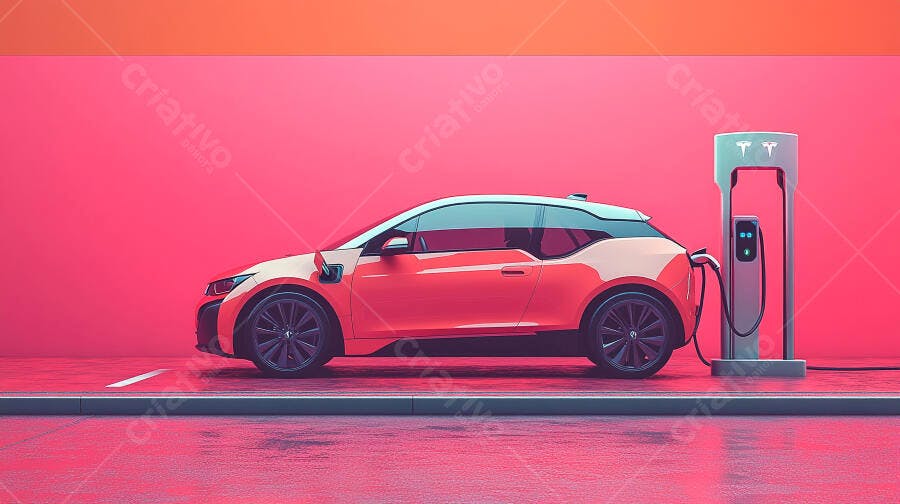 Carro elétrico laranja coral carregando em estação moderna com fundo rosa vibrante