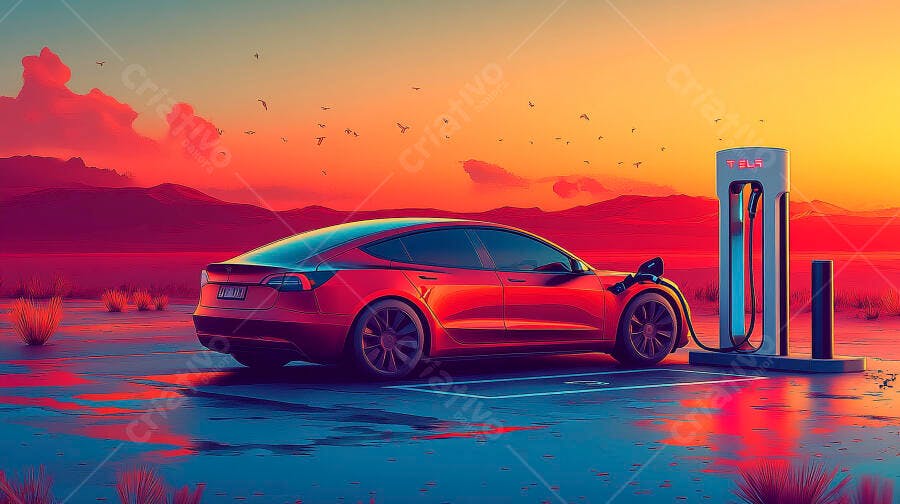 Carro elétrico Tesla vermelho recarregando no deserto ao pôr do sol vibrante