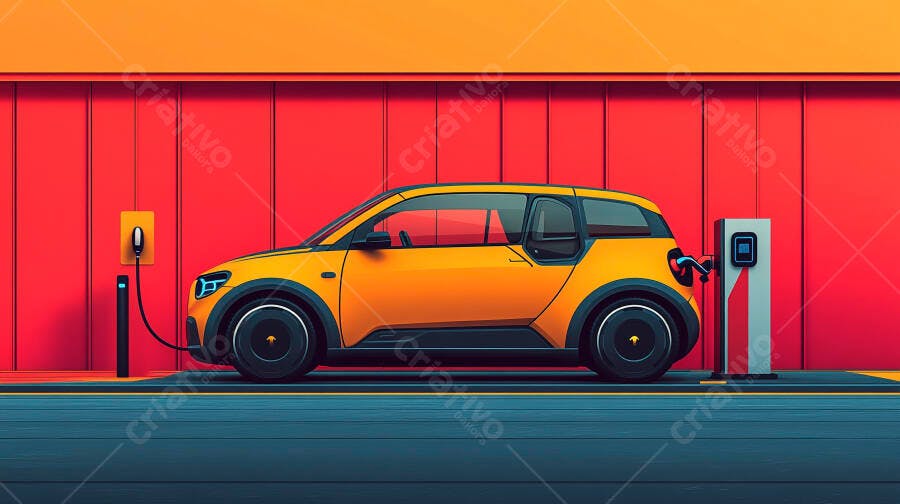 Carro elétrico amarelo carregando em estação moderna parede vermelha
