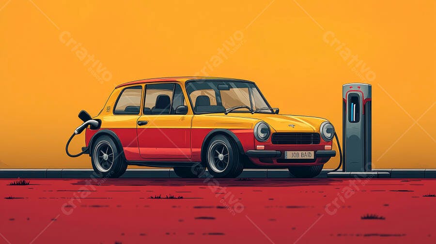 Carro elétrico vintage amarelo e vermelho carregando em estação na rua