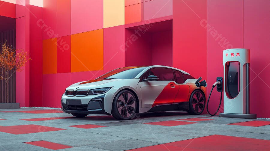Carro elétrico branco e vermelho carregando em estação moderna colorida