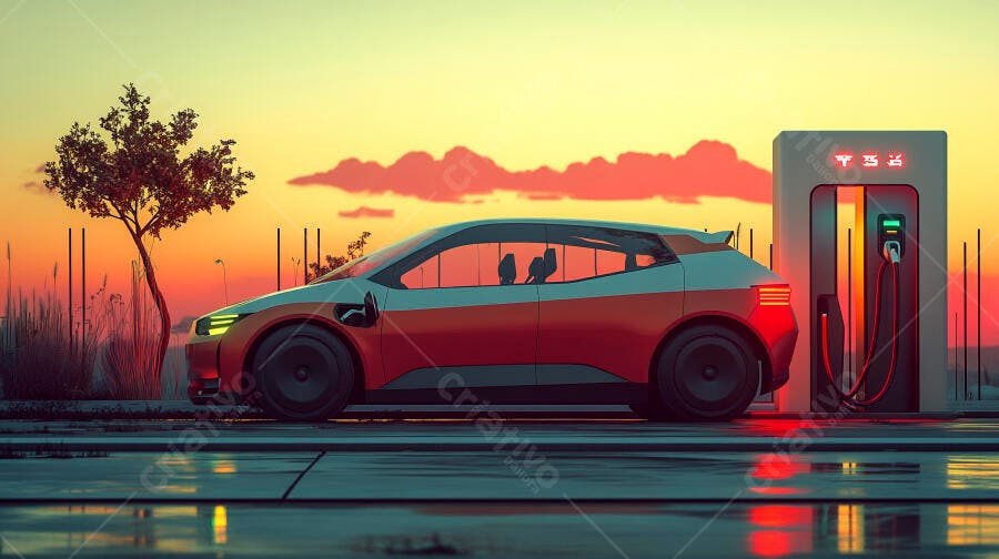 Carro elétrico laranja e cinza carregando em estação no pôr do sol