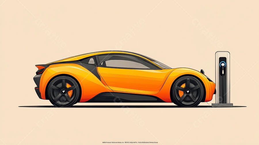 Carro elétrico esportivo laranja carregando em estação moderna
