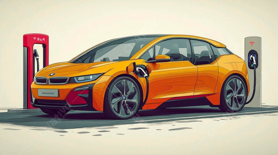 Carro elétrico laranja carregando em estação Tesla com design moderno
