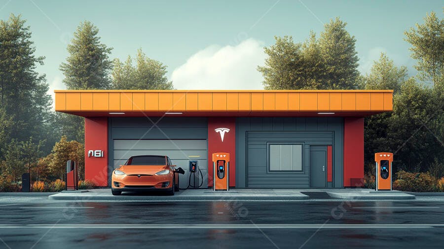 Carro elétrico Tesla laranja carregando em estação Supercharger moderna