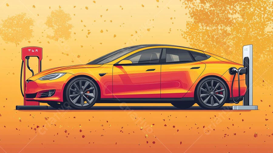 Carro elétrico Tesla Model S amarelo laranja carregando em estação