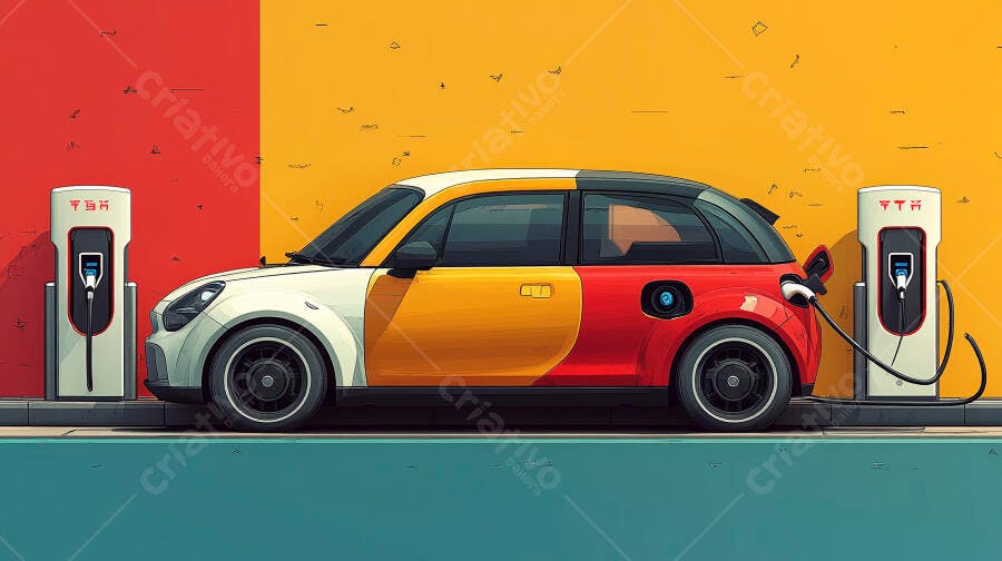 Carro elétrico tricolor branco amarelo e vermelho em estação de carregamento