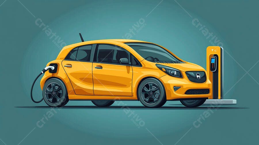 Carro elétrico amarelo carregando em estação de energia sobre fundo azul esverdeado