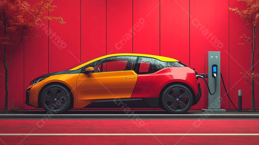 Carro elétrico laranja e vermelho carregando em estação moderna com parede vermelha