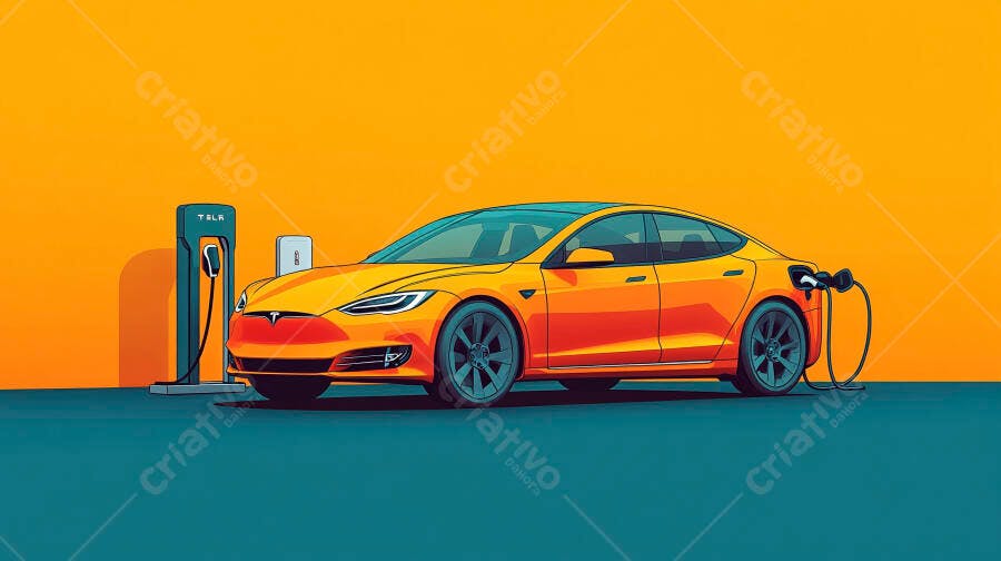 Carro elétrico Tesla laranja carregando em estação de energia limpa