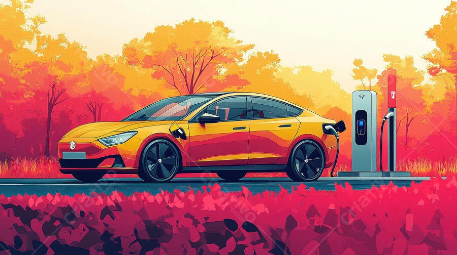 Carro elétrico amarelo e vermelho carregando em paisagem outonal vibrante