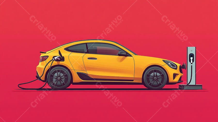 Carro elétrico esportivo amarelo carregando em estação moderna