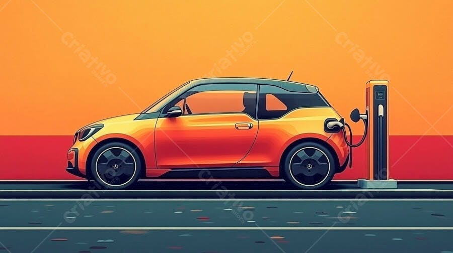 Carro elétrico compacto laranja e preto carregando em estação urbana
