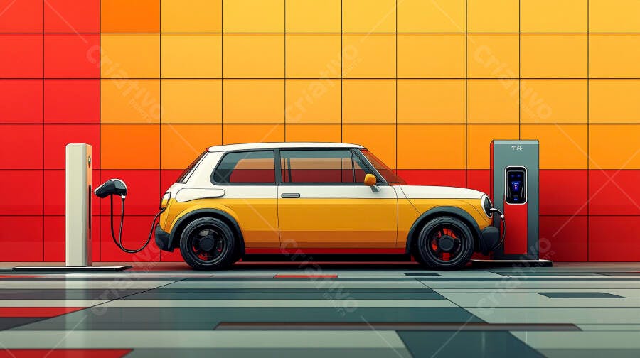 Carro elétrico compacto amarelo e branco carregando em estação de parede laranja