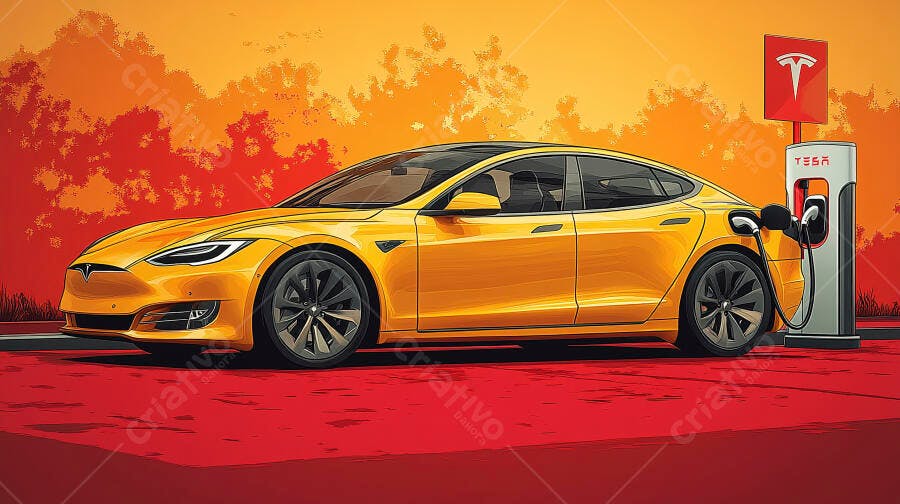 Carro elétrico Tesla amarelo vibrante carregando em estação Tesla