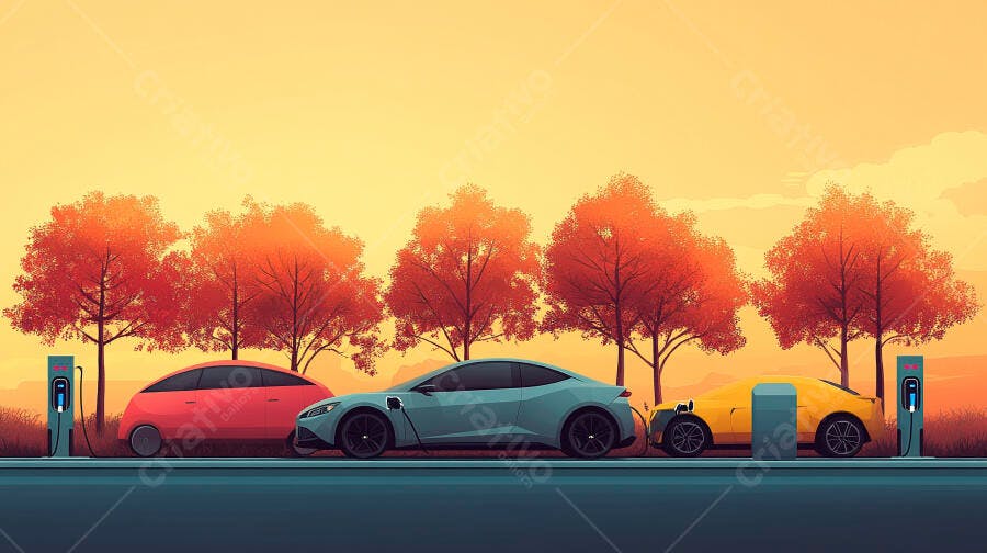 Carros elétricos vermelho azul amarelo carregando em estação no pôr do sol