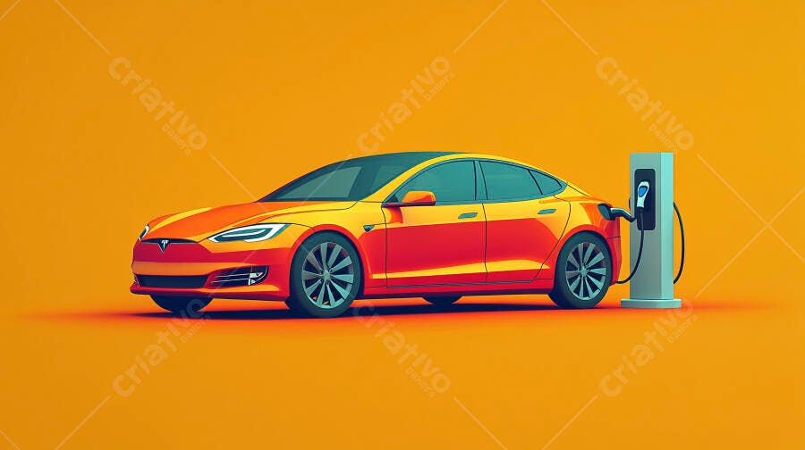 Carro elétrico laranja e vermelho carregando em estação moderna