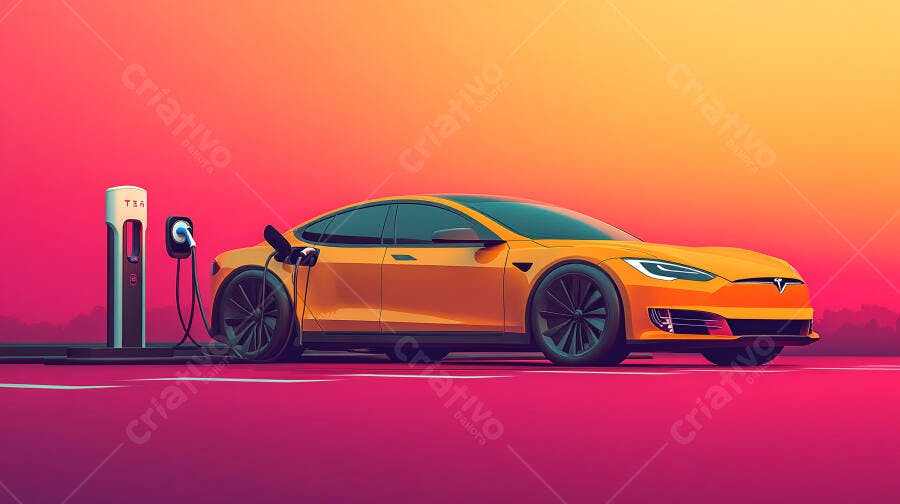 Carro elétrico Tesla laranja vibrante carregando em estação ao pôr do sol