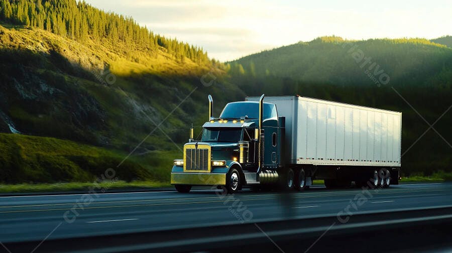 Caminhão azul escuro com trailer branco em rodovia montanhosa ao amanhecer